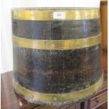 An early 20thC coopered oak log bin with brass bands  14"h