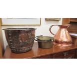 A 19thC rivetted laundry copper  13"h; a 4 gallon bell design ewer; and a brass preserve pan with