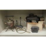 A mixed lot: to include a black painted tinplate and brass magic lantern; and a pair of nickel