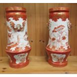A pair of early 20thC Japanese Imari porcelain vases, decorated in iron red and gilding with