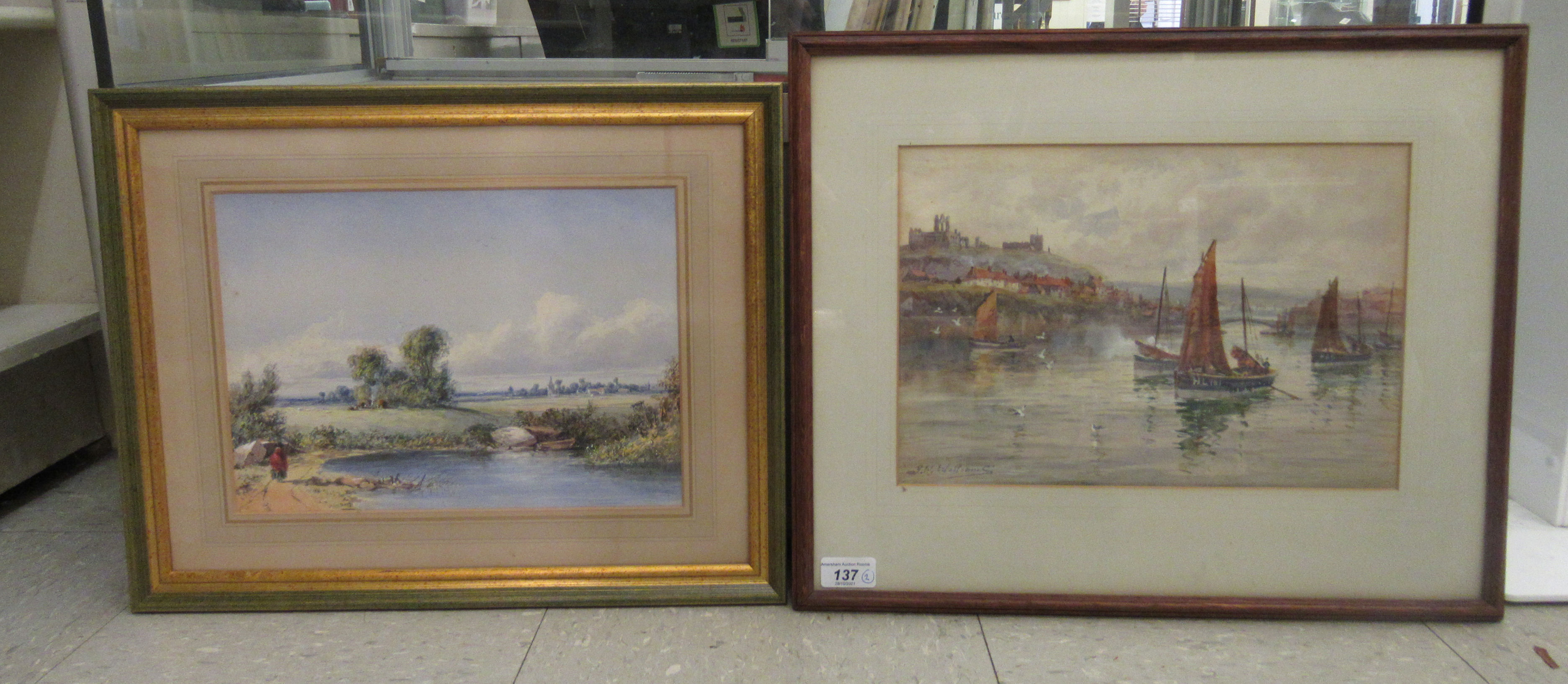 Two early 20thC watercolours, a landscape and a quay scene  one bears a signature J W Williams