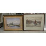 Two early 20thC watercolours, a landscape and a quay scene  one bears a signature J W Williams