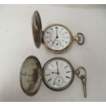 Two early 20thC pocket watches, one silver, the other gold plated, each faced by a white enamel dial