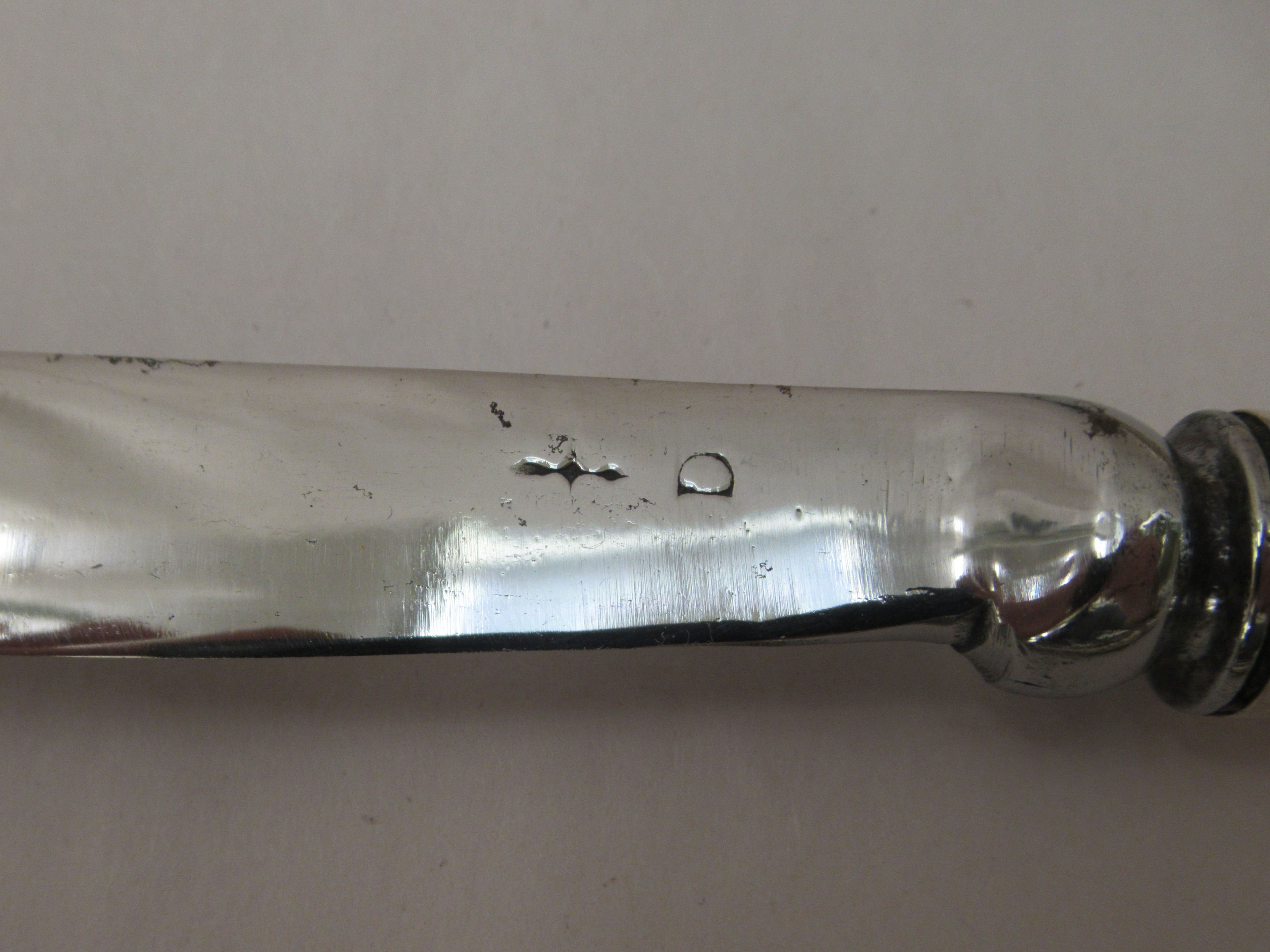 A pair of 19thC silver pistol grip silver table knives;  a 19thC silver skewer with a ring terminal; - Image 4 of 4