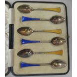 A set of six Georg V silver and enamel teaspoons  Birmingham 1921  cased