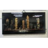 J Peterson - a night time city skyline  mixed 3D media, canvas mounted on pine boards   bears a