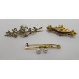 Three dissimilar and variously set 9ct gold seed pearl bar brooches