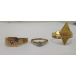 Two 9ct gold rings, one with an engraved tablet; and a yellow, rubover set diamond signet ring