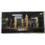 J Peterson - a night time city skyline  mixed 3D media, canvas mounted on pine boards   bears a