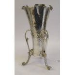 An Edwardian Art Nouveau inspired, spot-hammered silver vase of trumpet form with a frilled rim,