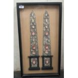 A mixed media display, comprising two obelisk shaped plaques, mounted with various 19thC shell