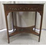 A 19thC satinwood string inlaid mahogany work table, overpainted with musical instruments, ribbon-