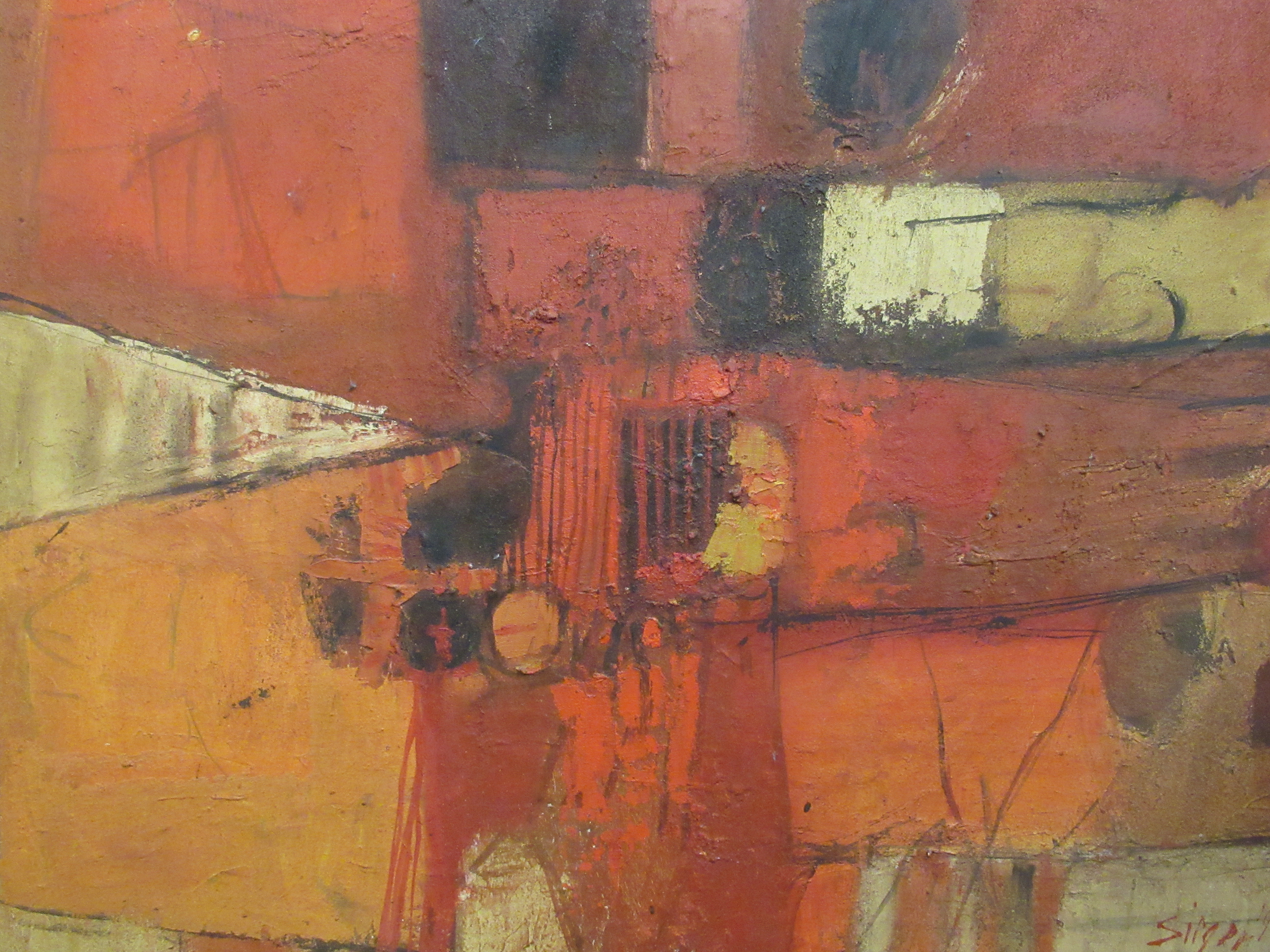 Fred Sieger – an abstract study in tones of red and orange  mixed media on canvas  bears a signature - Image 2 of 4