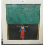 Ramesh Terdal – 'Girl in a Red Dress'  mixed media  bears a signature  17” x 15.5”  framed