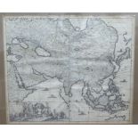 A mid/late 17thC Justus Danckerts uncoloured map 'Accuratiffima totius Asiae Tabula' incorporating a