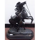 After Guillaume Coustau - a cast bronze Marly horse and attendant, on an oval wooden plinth  19"h