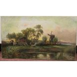 Henry Maurice Page - a travellers encampment at sunset, by a river with a horsedrawn caravan,