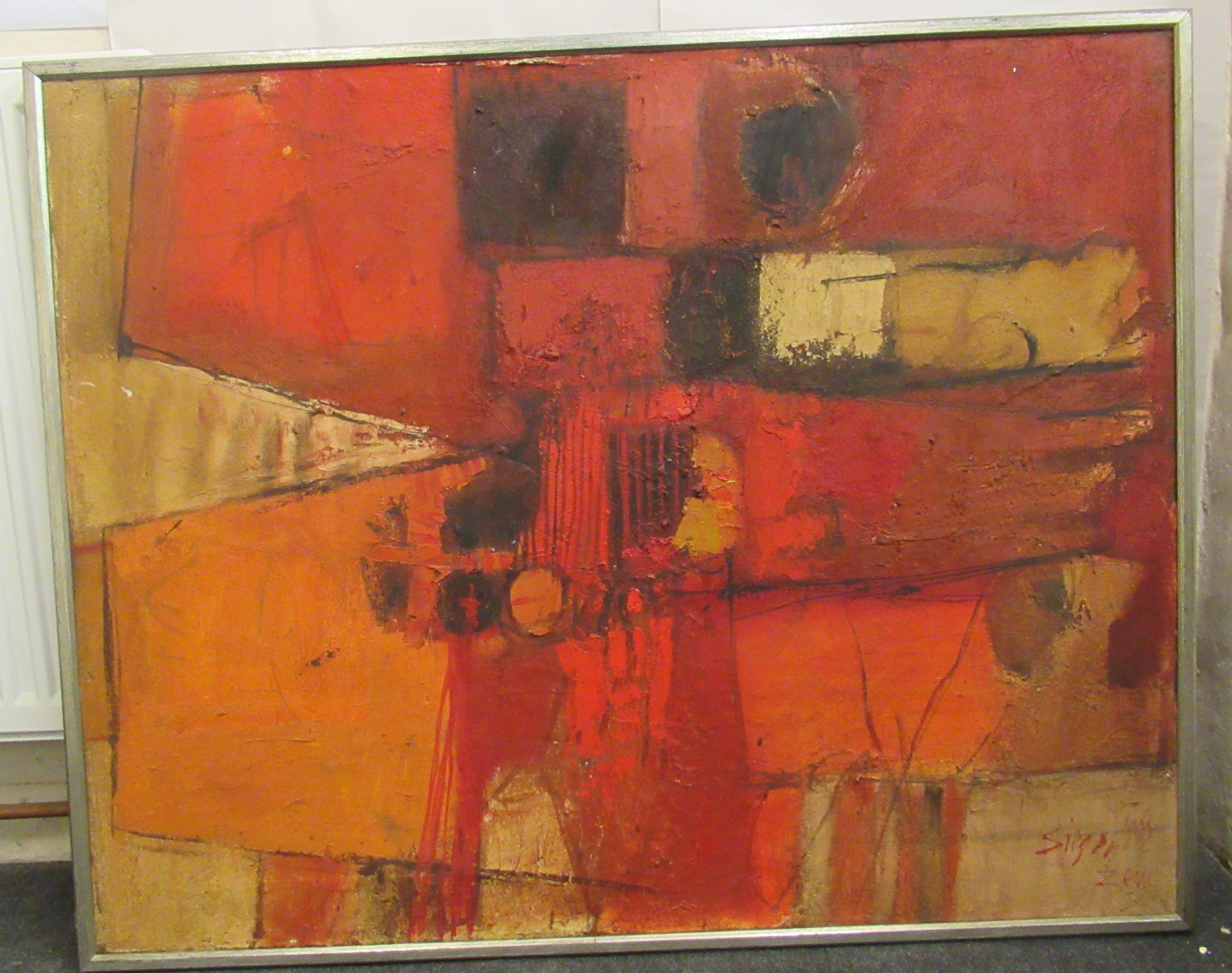 Fred Sieger – an abstract study in tones of red and orange  mixed media on canvas  bears a signature