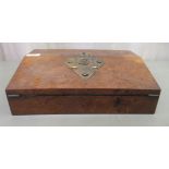 A late Victorian burr oak mahogany and coromandel veneered writing box with a decoratively cast