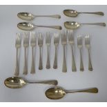 Silver Old English pattern flatware, viz. a set of six tablespoons; a set of five table forks and