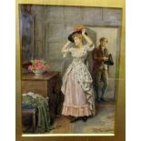 GG Kilburne - an interior scene, a young woman wearing a feathered hat, watched by a gentleman in