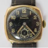 A 1945 Climax 9ct gold cushion cased wristwatch, retaled by H Samuel, Manchester, faced by a black