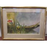 Vilem Ploeck - a boat moored amongst reeds  mixed media  bears a signature, dated 1984 & printed