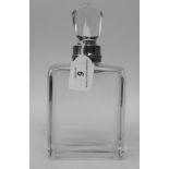 An Edwardian clear glass shouldered box design decanter with chamfered corners, an applied silver