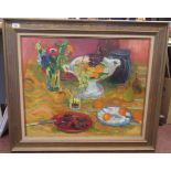 P Collomb - 'La table Fleurie'  oil on canvas  bears a signature & variously inscribed verso  23.