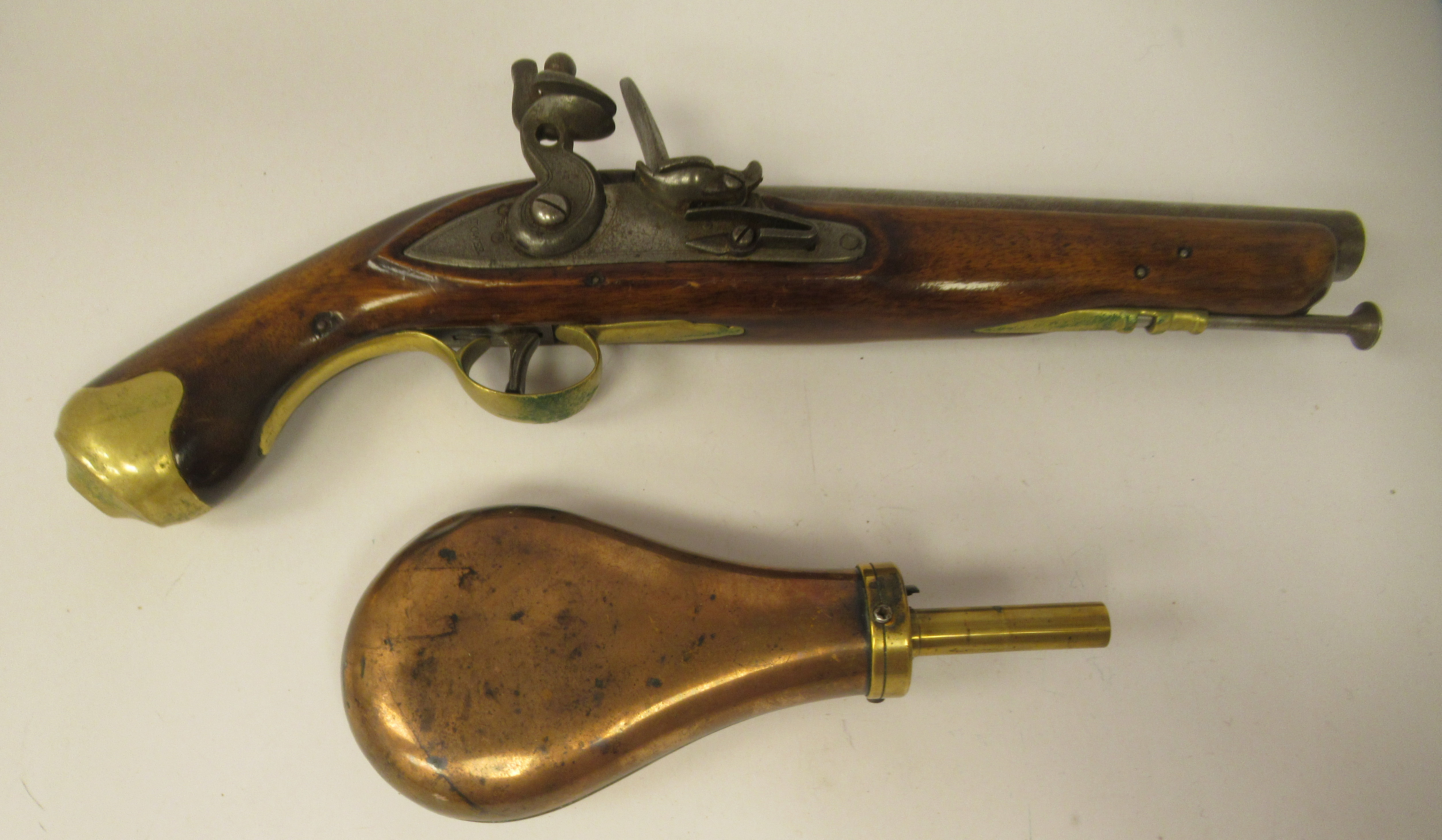 An 18thC design British Tower flintlock pistol  15.5"L overall; and a contemporarily styled copper - Image 2 of 6