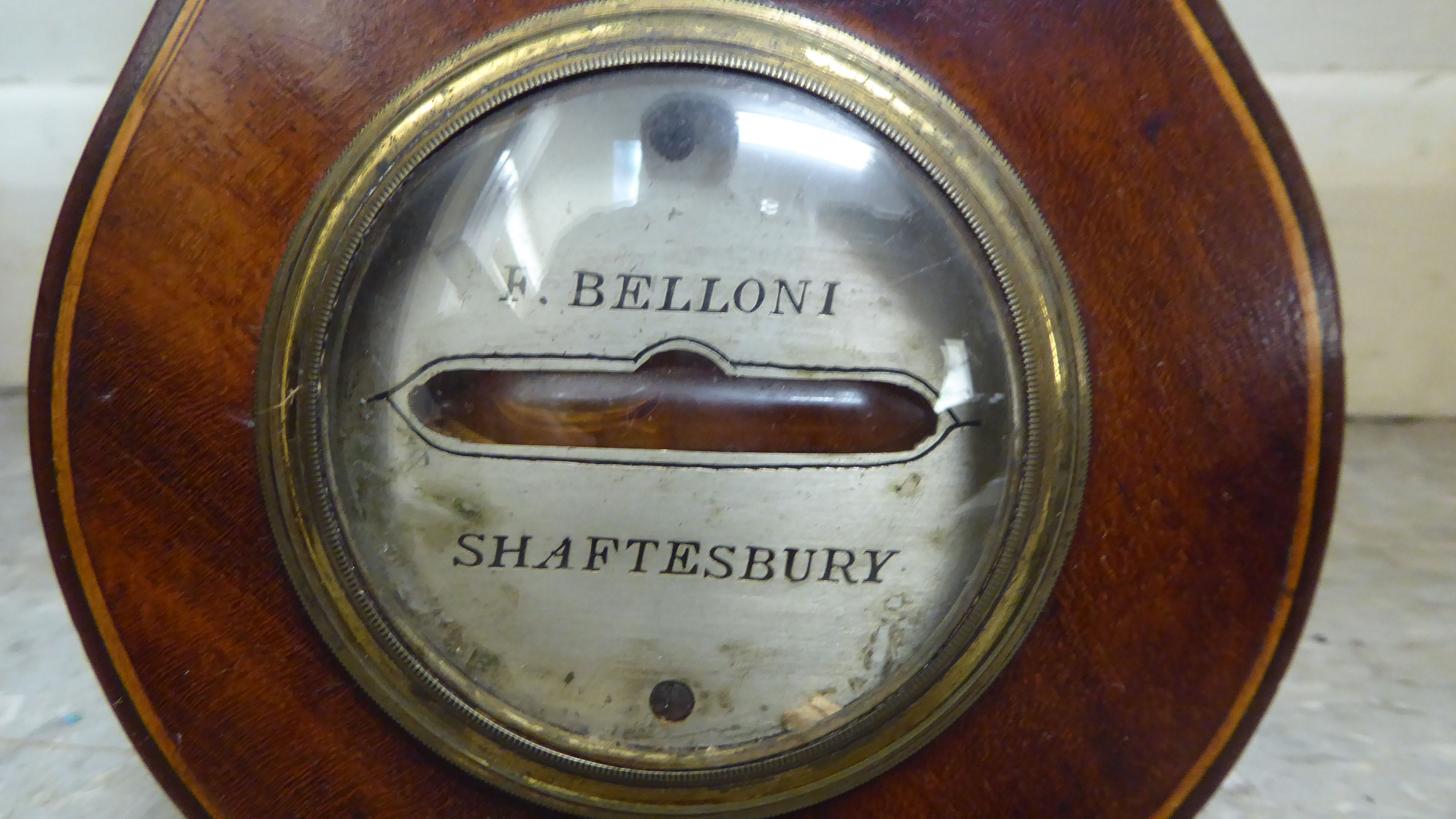 A Regency satinwood inlaid mahogany barometer with a silvered dial, inscribed F Belloni, Shaftesbury - Image 5 of 6