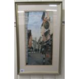Cedric Dawe - a busy street scene  watercolour  bears a signature  8" x 16"  framed