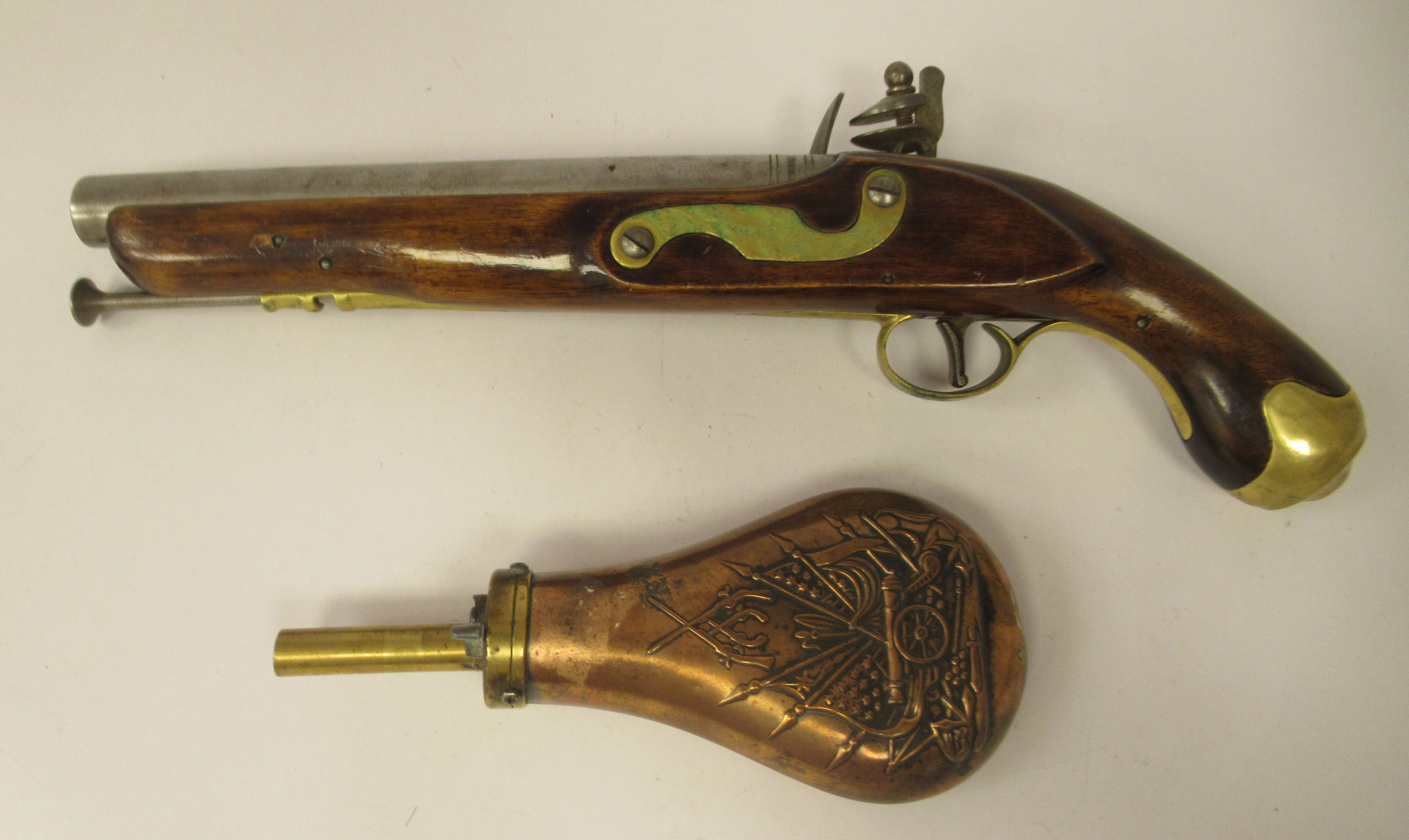 An 18thC design British Tower flintlock pistol  15.5"L overall; and a contemporarily styled copper