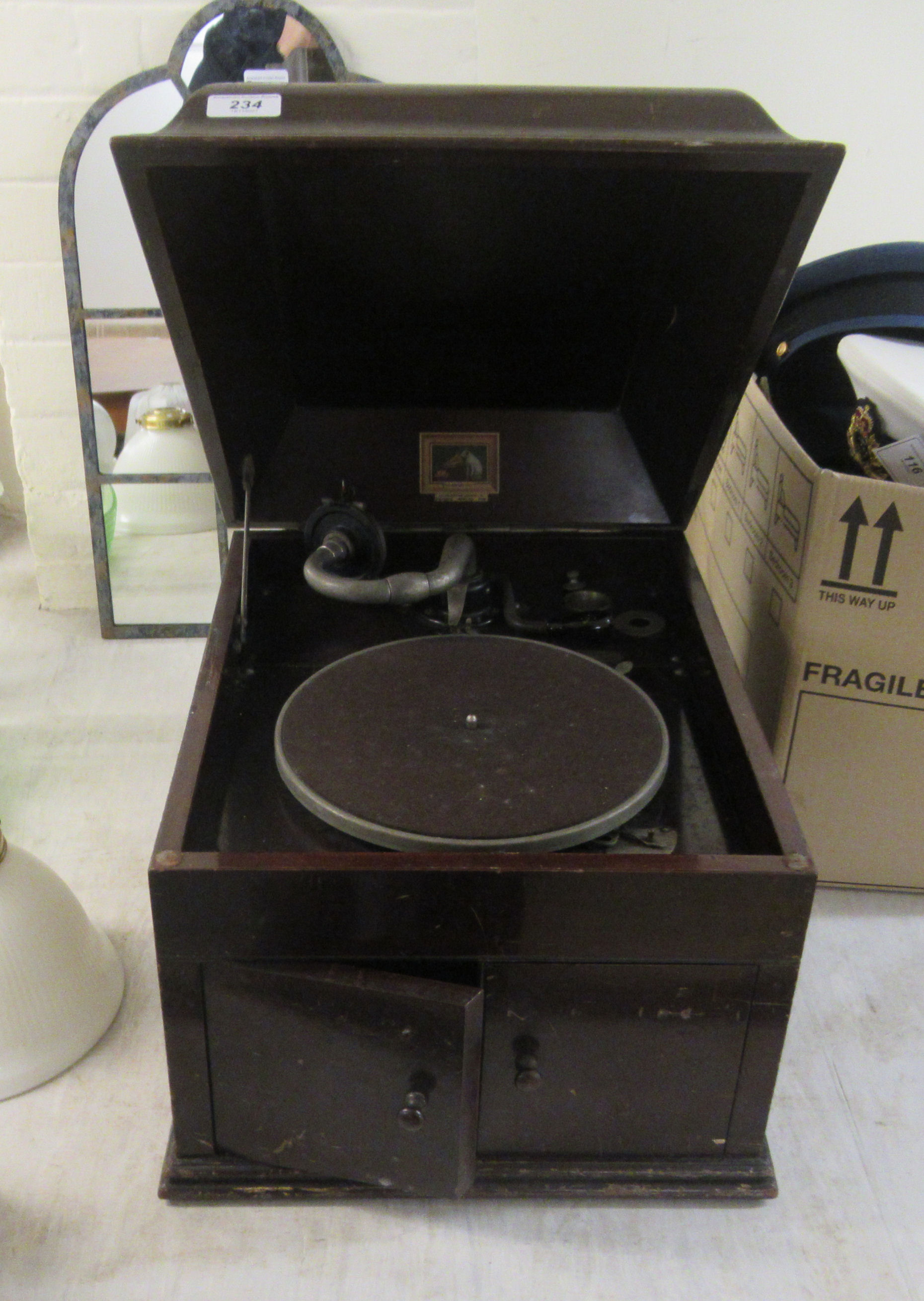 A mid 20thC His Masters Voice mahogany cased, table-top gramophone with soundbox doors