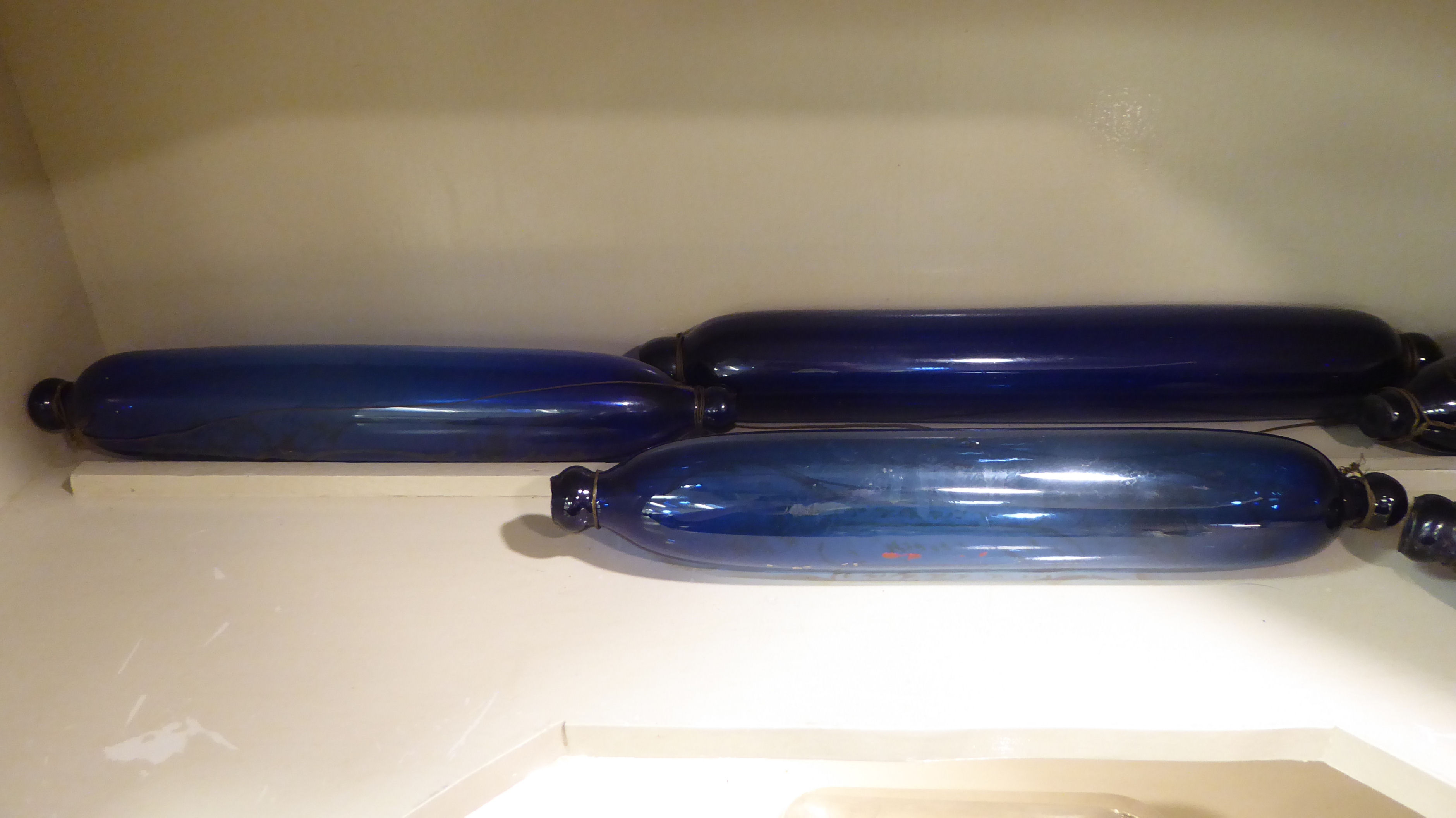 Nine Victorian blue glass rolling pins with painted decoration  13" - 15"L - Image 2 of 4
