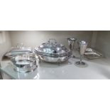 Silver plated tableware: to include an Edwardian twin handled, lidded tureen with a bead border