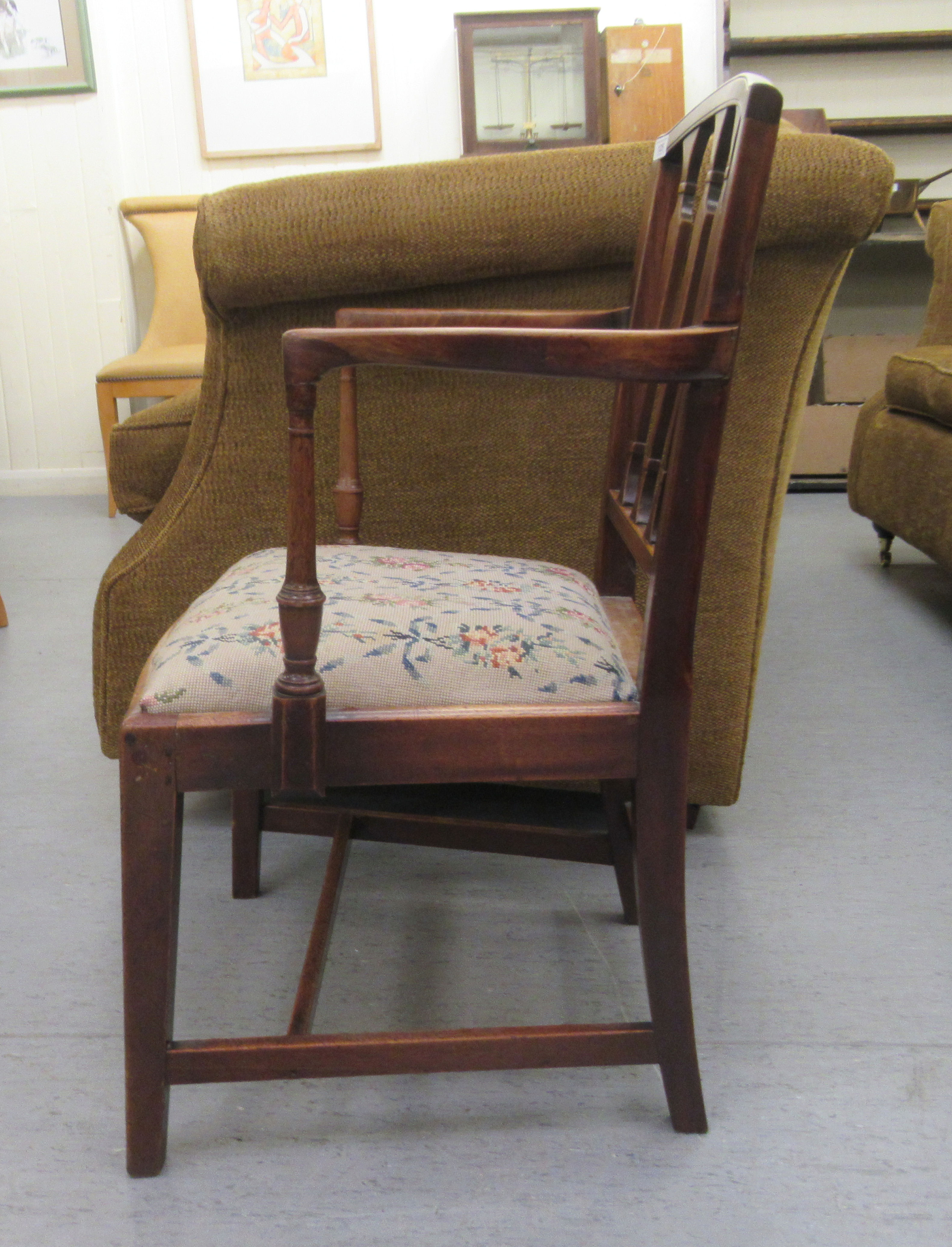 An early 20thC Georgian design mahogany framed open arm chair, the tapestry covered drop-in seat - Image 2 of 3