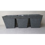 A galvanised metal, triple planter  9"h  27"w