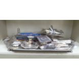 Silver plated tableware: to include an elongated, octagonal, twin handled serving tray  30"w