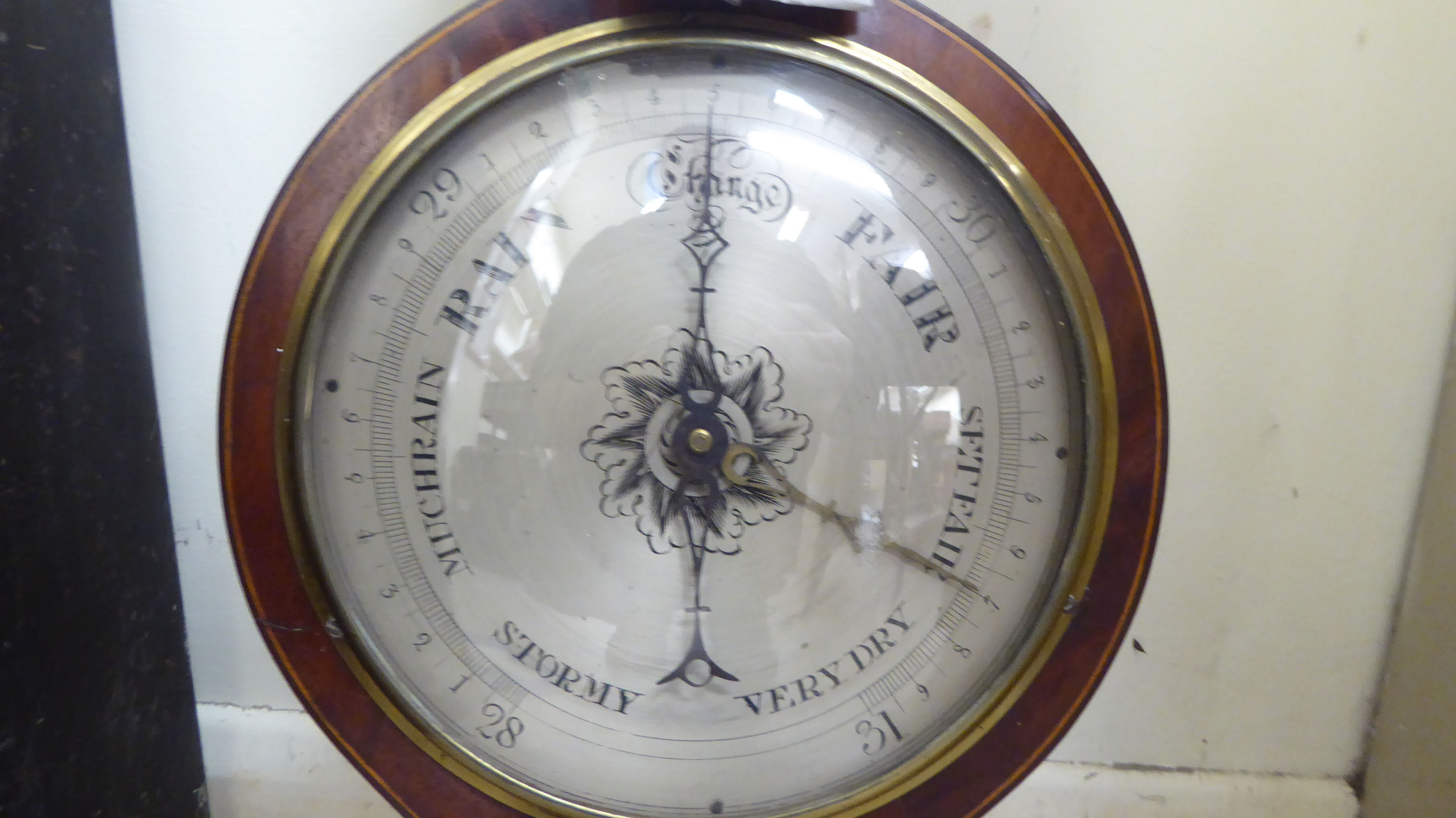 A Regency satinwood inlaid mahogany barometer with a silvered dial, inscribed F Belloni, Shaftesbury - Image 4 of 6