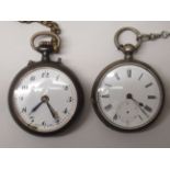 Two early 20thC silver plated pocket watches, one faced by an Arabic dial, the other a Roman dial