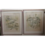 Rene Elliot - Cranes and a Trio of Birds  two Limited Edition coloured prints 138/350  bearing