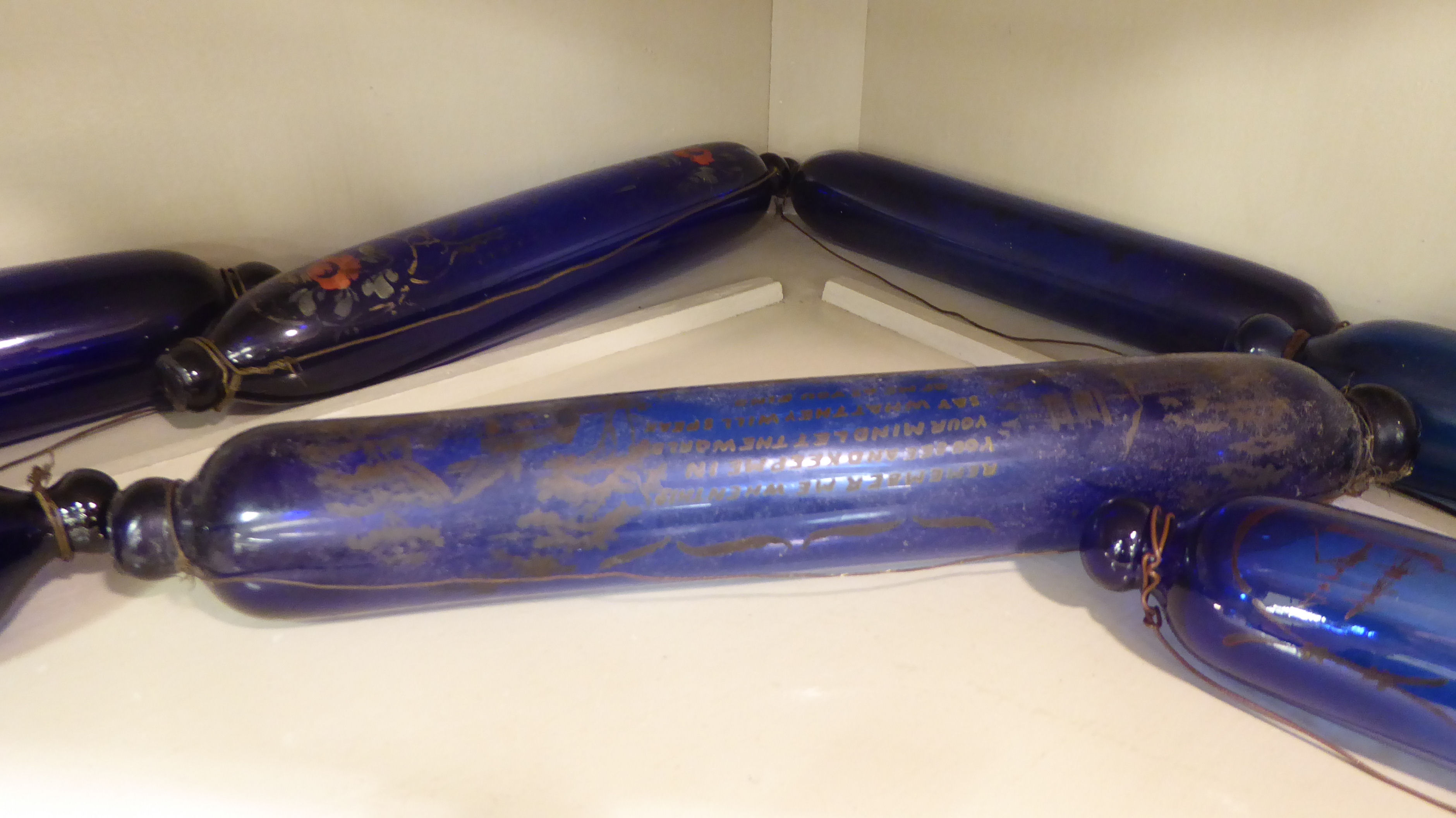 Nine Victorian blue glass rolling pins with painted decoration  13" - 15"L - Image 3 of 4