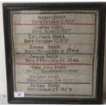 A sampler, circa 1830-1860, bearing family tree birth text from Robert Smith, born October 3rd