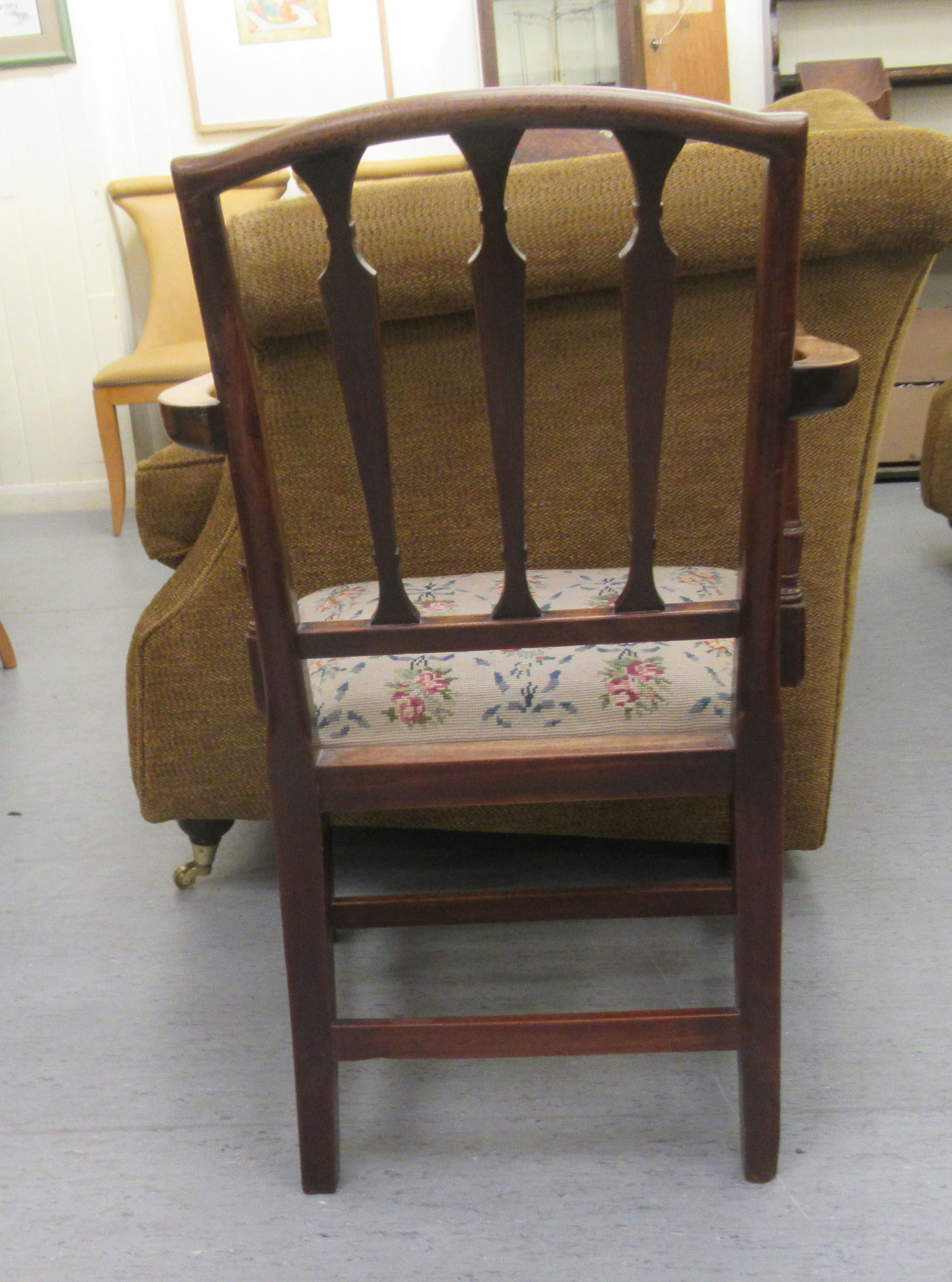 An early 20thC Georgian design mahogany framed open arm chair, the tapestry covered drop-in seat - Image 3 of 3