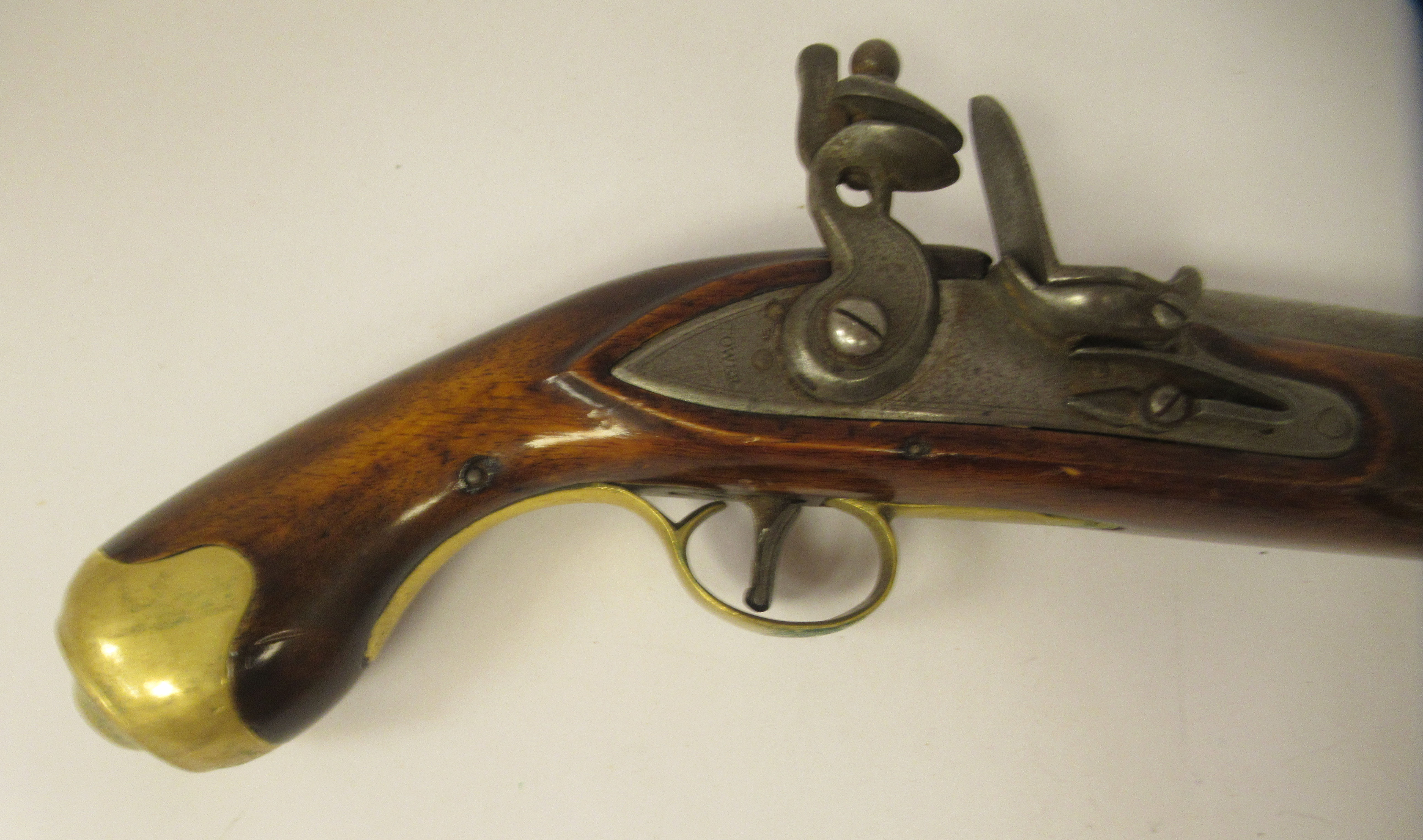 An 18thC design British Tower flintlock pistol  15.5"L overall; and a contemporarily styled copper - Image 4 of 6