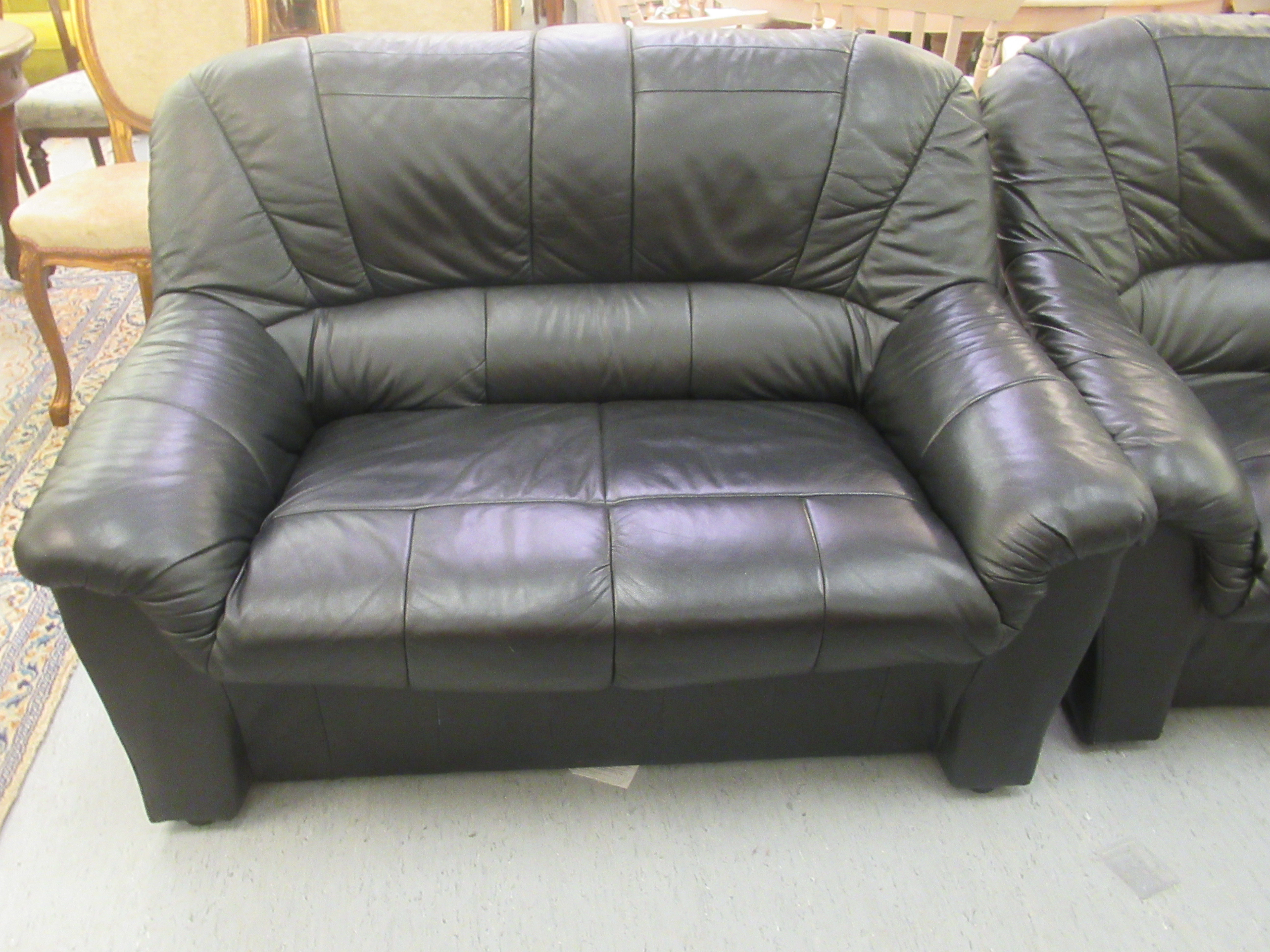 A pair of modern stitched black hide upholstered two person settees  52"w - Image 3 of 3