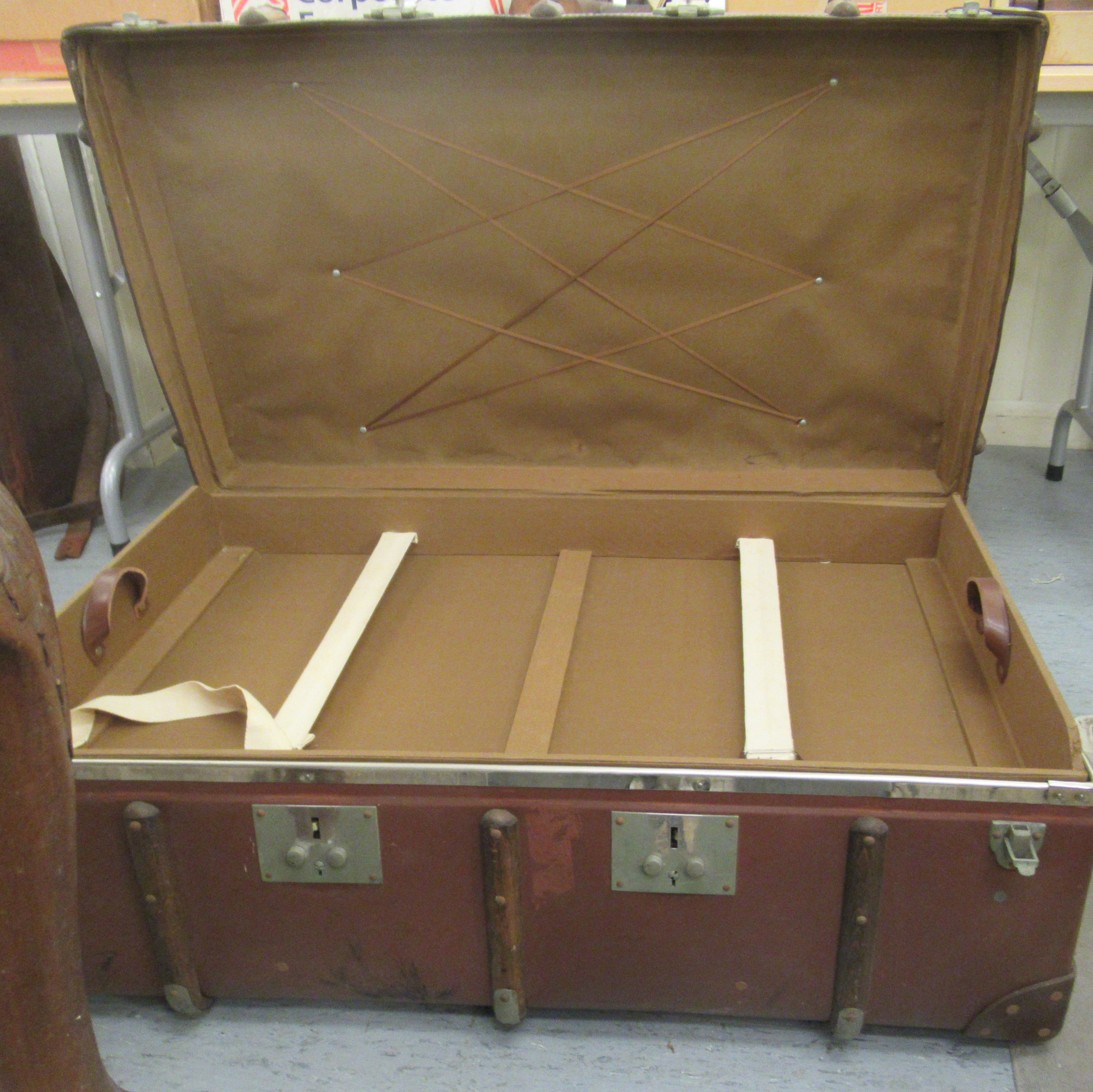 An early 20thC beech bound hide and canvas cabin trunk with a removable interior  12"h  28"w - Image 2 of 3