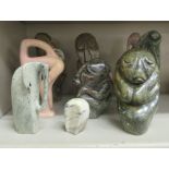 Nine carved soapstone, tribally inspired figures and abstract sculptures  largest 8"h