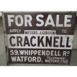 A mid 20thC white on brown enamelled steel double sided advertising sign for Gibson Cracknell &